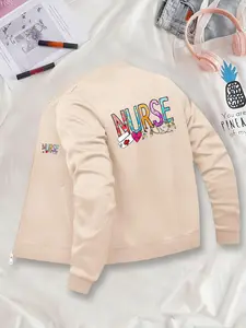Women's Casual Graphic Jacket, Fitted Zipper Cardigan for All Seasons, Stylish Nurse Coat with Baseball Collar, Unique Layering Piece, Womenswear