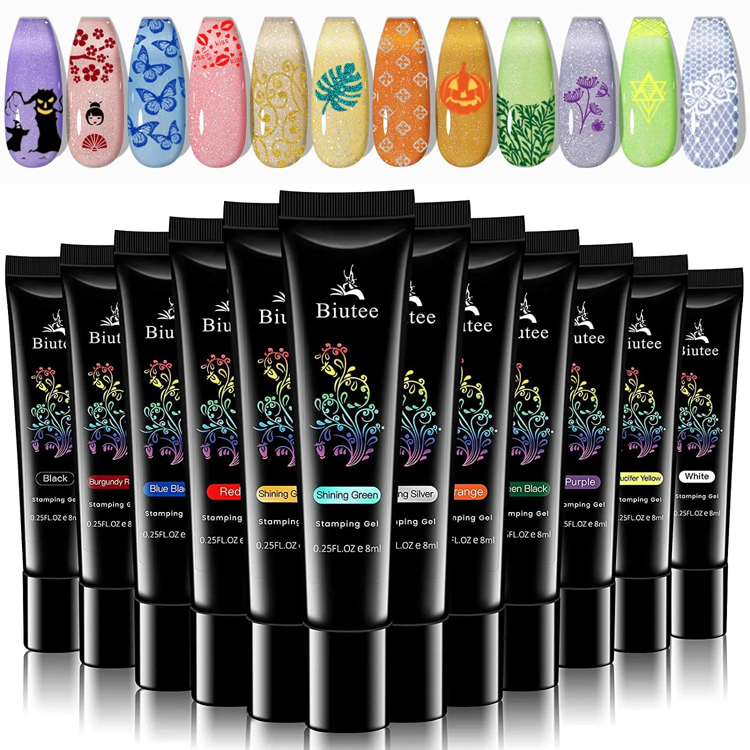 Biutee Nail Stamping Polish Gel Set 12 Colors Stamp Nail Print Gel Kit Red Black White Green Silver Golden for Nail Stamper Tools Set Nail Art Nail Care Nail Polish Manicure Cutics nailbits