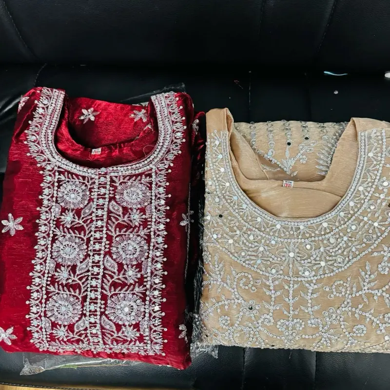 Gorgess Pakistani Suit 3-Piece Ready-to-Wear Stone Work All-Over Dress Featuring Rich Maroon & Beige Fabric