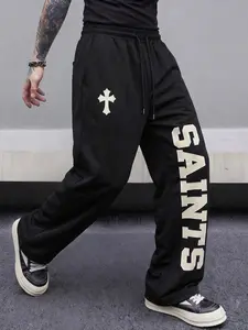 Cross Stitch Wide Leg Sweatpants, Gothic College Style Drawstring Micro Flare Casual Pants, All Seasons Loose-Fitting Solid Pattern