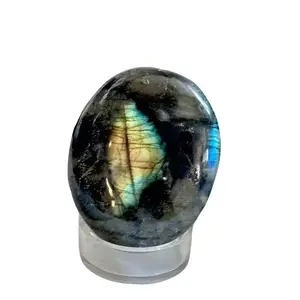 Labradorite Small Palm Stone with Yellow Flash, Round Shape, Natural Color, and Clear Finish