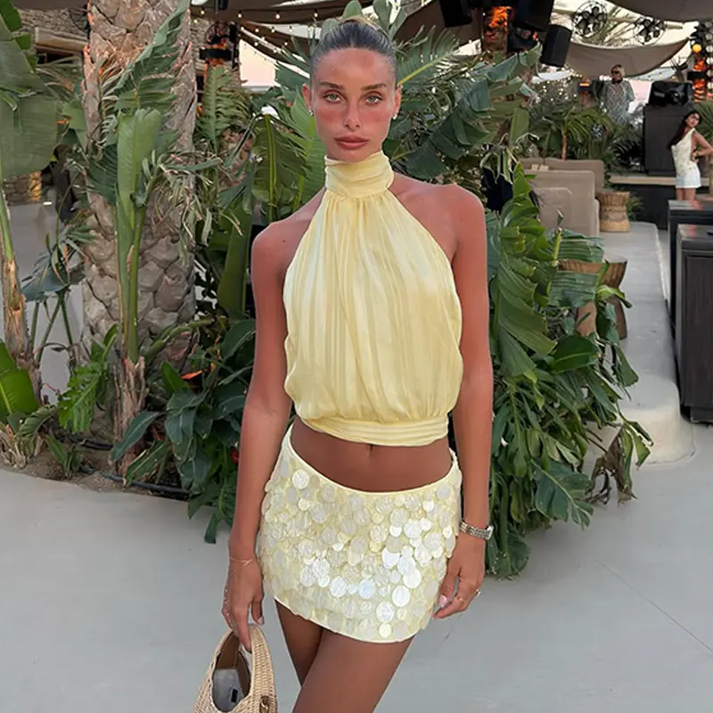 Halter High Neck Open Back Crop Top for Women's 2026 Summer New Tie Neck Fitting Short Tank Top Casual Elegant Dating Club Beach Vacation Sext Tops