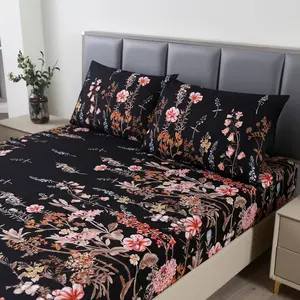 3pcs Black Floral Bed Sheet,Microfiber Flower Bedding Sheet Set,Boho Sheet Set with 1 Fitted Sheet and 2 Pillowcases,14 Inches Deep (Black, Queen)