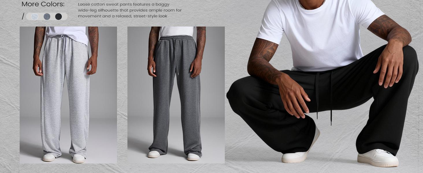 Gihuo Men's Baggy Sweatpants Casual Drawstring Waist Wide Leg Athletic Lounge Sweat Pants with Pockets Cotton Menswear Comfy Loose Suit Trouser