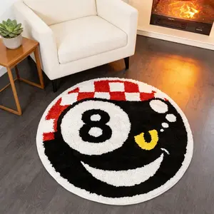 Ball Pool Rug, Soft Plush Bedroom Mat, Fuzzy Rug, Non-Slip Floor Carpet Pad, Casual Style, Round 8-Ball Design, Universal Setting