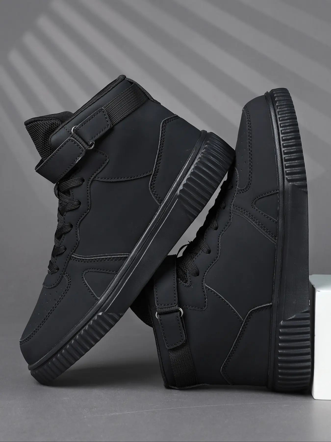 Men's Matte High Top Sneakers, Magic Tape Closure, Vertical Groove Thick Sole, Chunky Trainers, Invisible Heel Lift, Casual Skate Shoes