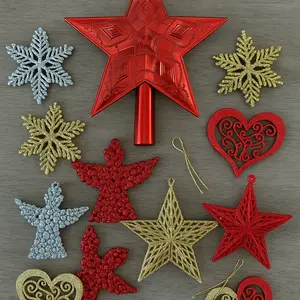 Christmas Tree Topper Star + Random Glitter Ornaments Set | Sparkly Holiday Decorations