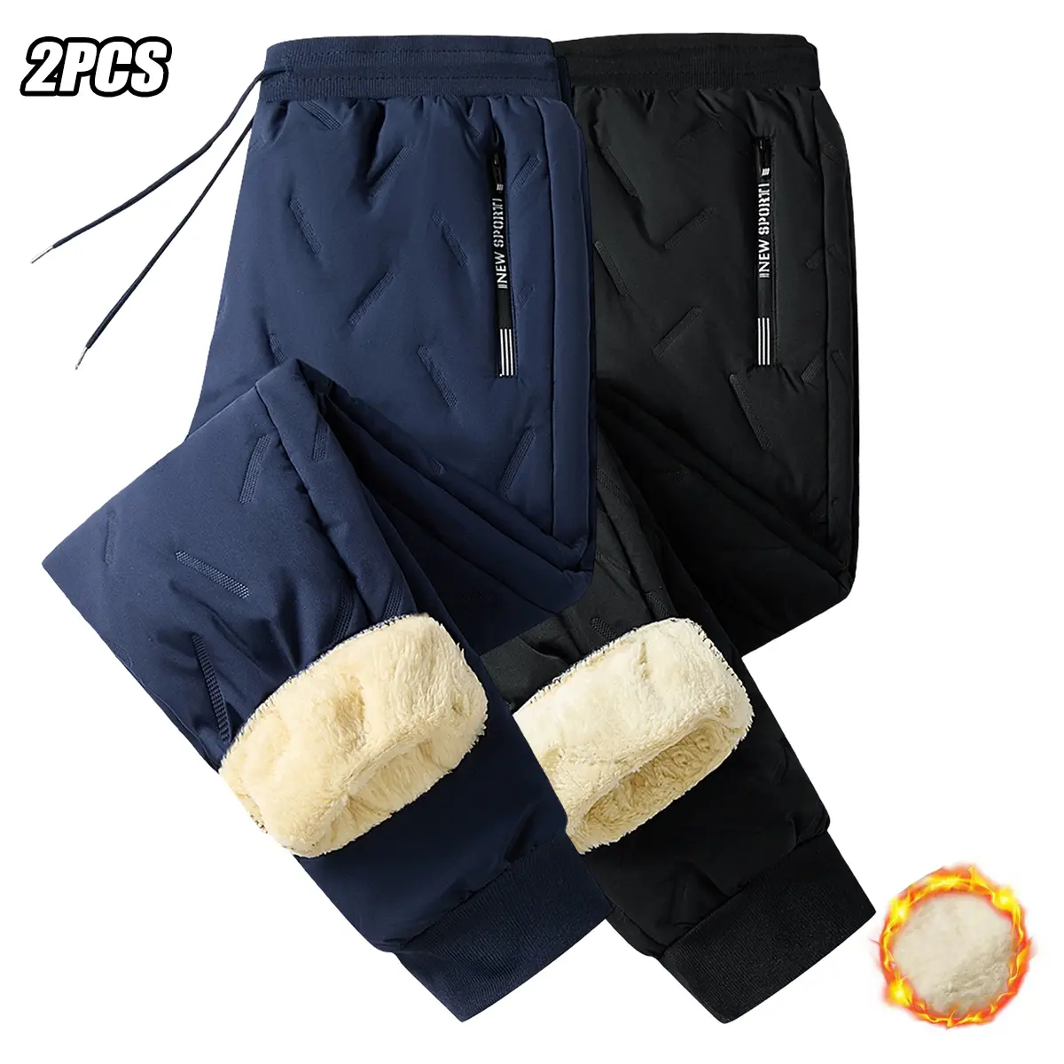 Men’s two-pack outdoor fleece-lined long pants—snowboarding, mountaineering, running training; winter fleece-lined sports pants; warm, windproof casual mountaineering pants with faux fur lining; thick fleece-lined pants.