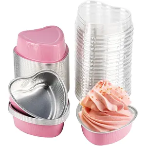 50 Pack Heart Shaped Mini Cake Pans with Lids, Small Disposable Aluminum Foil Cupcake Loaf Pans, Baking Cup Cake Tin Mold for Valentine's Mother's Day Wedding Party Birthdays (Pink, 3.4oz/100ml）