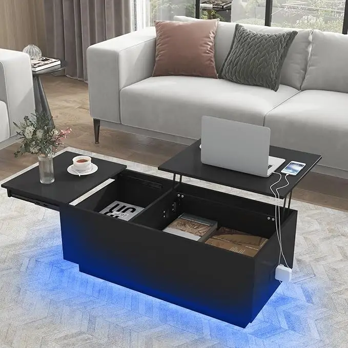 Lift Top Coffee Table with Charging Station LED 21.65"H Black High Gloss Rising Center Cocktail Tables Hidden Storage