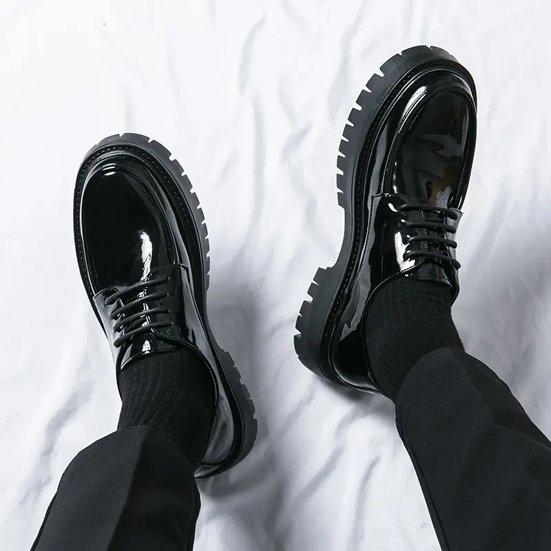 Men's Leather Platform Lace-Up Oxford Footwear - Chunky Heel, Lug Sole, Round Toe, Elevator Thick-Sole Derby Shoes for Work, Office