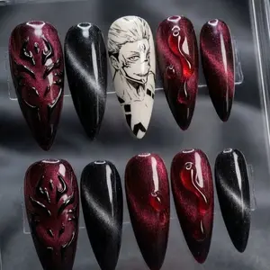 Bold Red & Black Sukuna Nails - Handmade Press-On Set for Valentine’s Day, Durable & Stylish, Customizable Size, Includes Adhesive Tabs & Glue