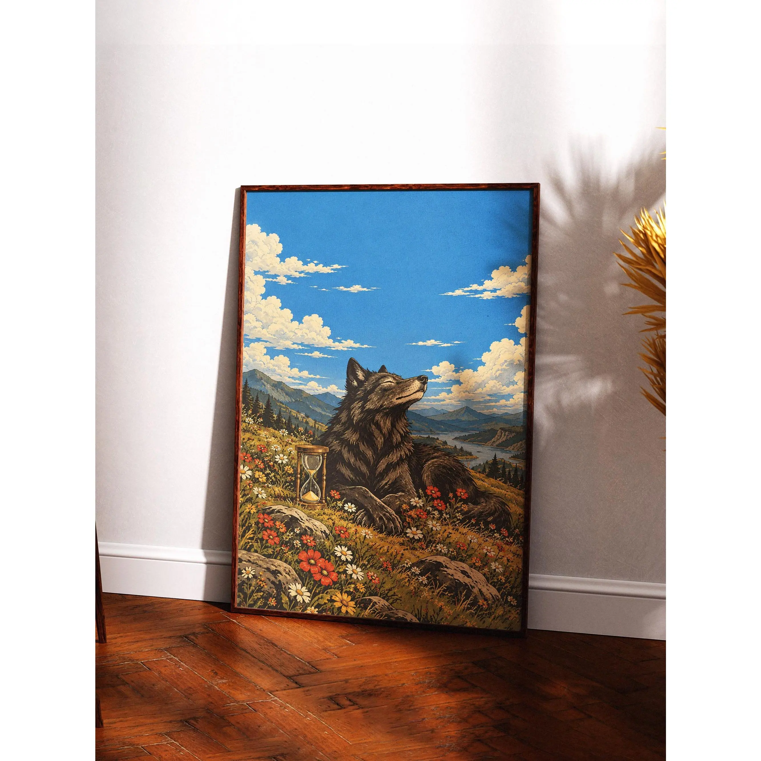 Black Wolf Wall Art, Peaceful Wolf Poster, Hourglass Nature Print, Vintage Wildlife Artwork, Mountain Landscape Decor( Unframed - Print Only )