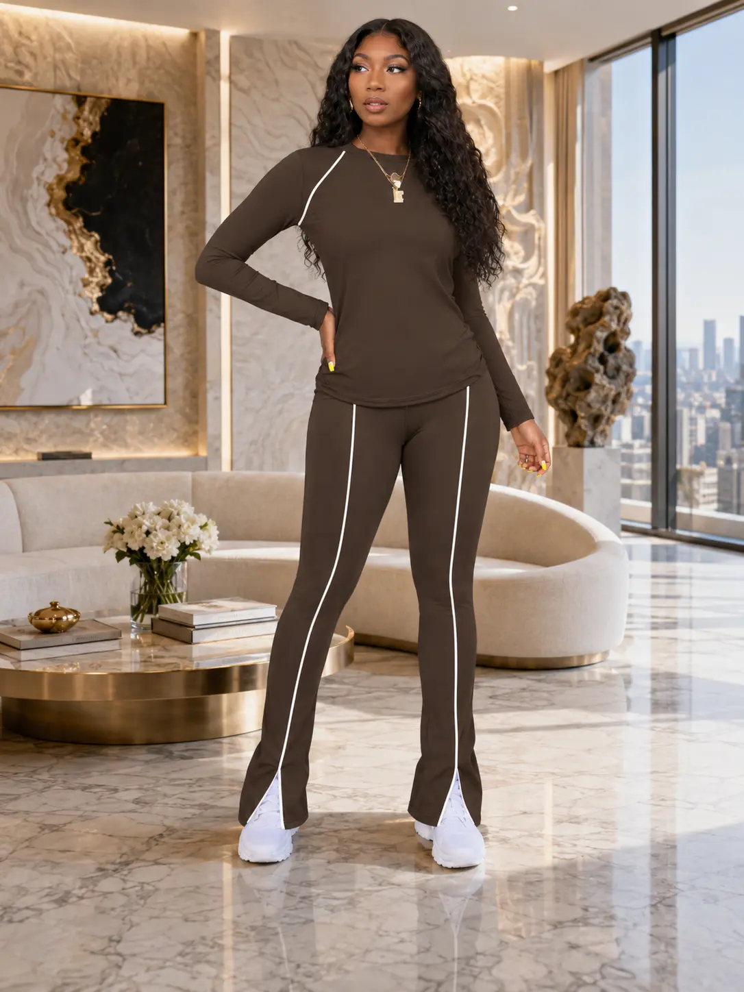 Women's 2-Piece Lady Clothes Set 2026 - Striped Crew Neck Longsleeves Top, Flare Pants with Foot & Front Slit, Minimalist Polyester Mix, Machine Washable, Multi-Season for Young Professionals