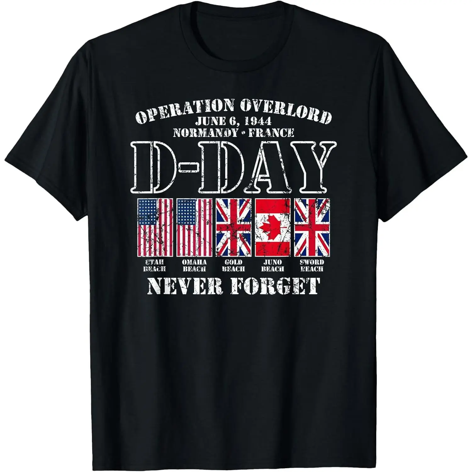 100% Cotton D-Day June 6, 1944 Normandy France Never Forget Aged Print T-Shirt