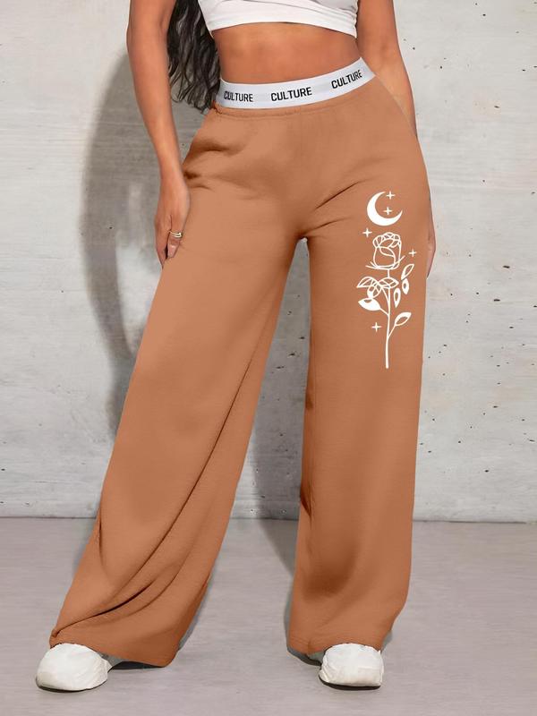 Women's Floral Print Pocket Wide Leg Sweatpants, Casual Comfy Trousers for Daily Wear, Ladies Bottoms for All Seasons