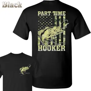 Part Time Hooker Fishing T-Shirt – Featuring Front Bass Print And Large Back Graphic With Jumping Bass, Camo American Flag And Bold Hooker Text , Fishing Apparel , Outdoor Lifestyle , Everyday Wear , Men's T-Shirt , Soft Comfortable Fit Menswear Menswear