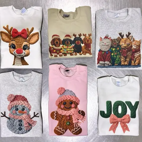 Christmas Classic Yarn Print Sweatshirt Stitch Crochet Graphic Rudolph Frosty Candy Cane Pullover Knit Print Unisex Gingerbread Casual Holiday Womens Sweater