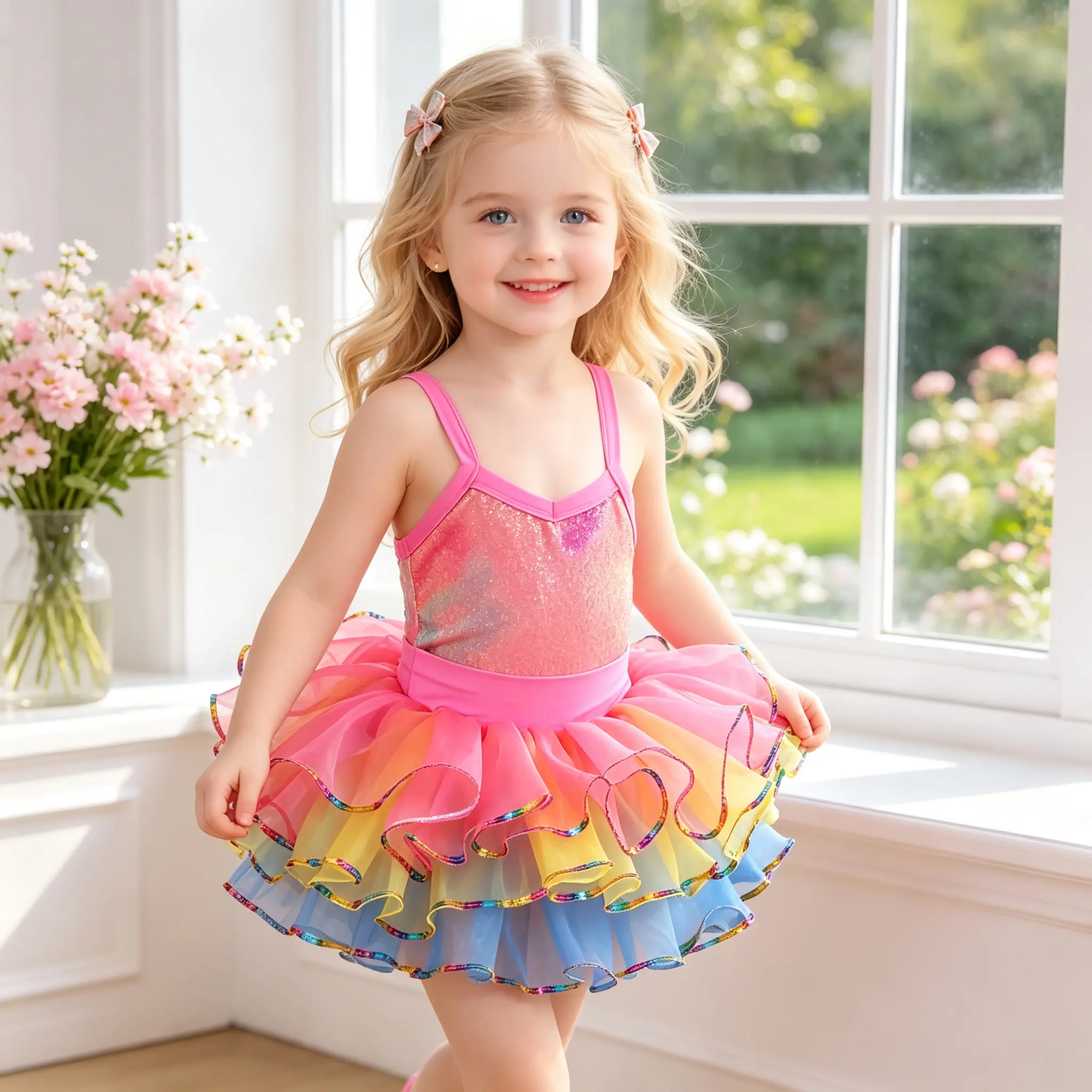 Girls' Elastane Ballet Dress, Sleeveless Spaghetti Strap, Ages 3–12, All-Season, Slight Stretch Rainbow Sequin Ballerina Costume with Layered Gradient Tulle Skirt for Dance Recital, Birthday Party