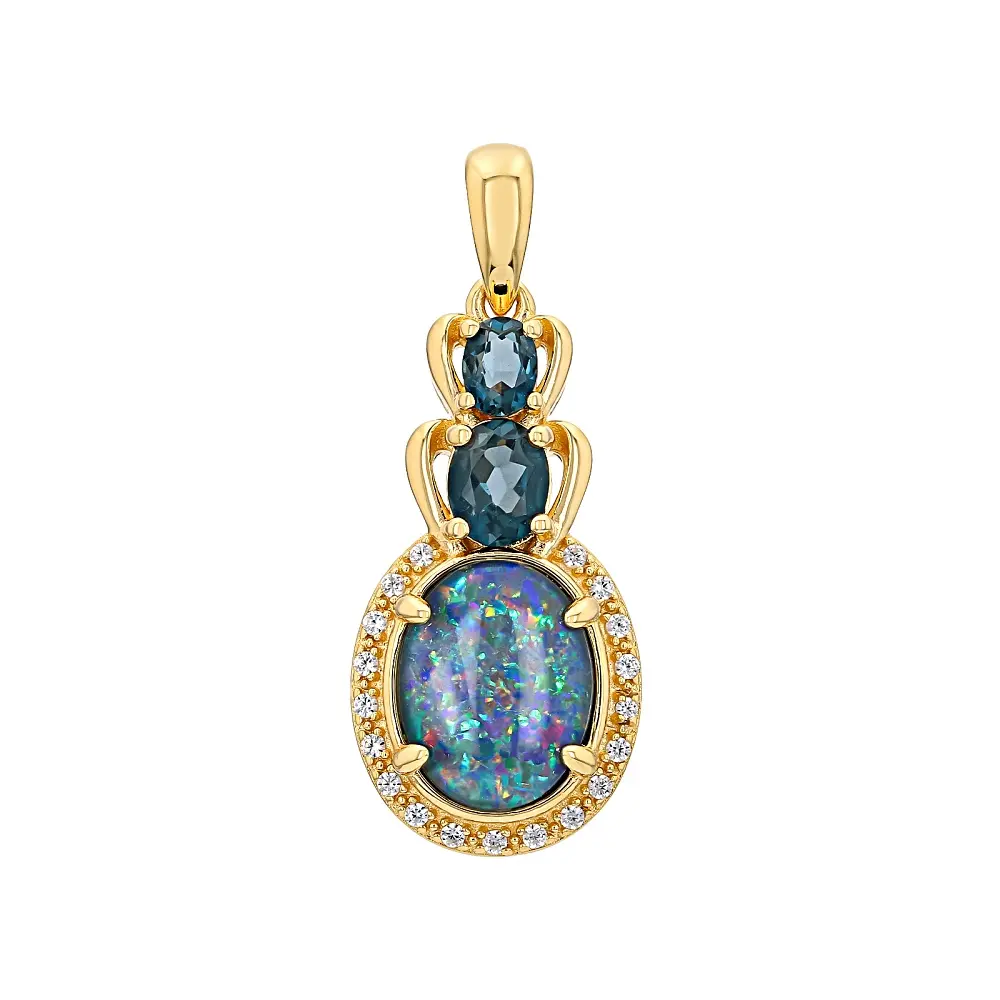 JTV Multi-Color Australian Opal Triplet & Topaz Pendant, 0.60ctw, 18K Yellow Gold Over Silver, Natural Crystal Necklace with Opal Gemstone
