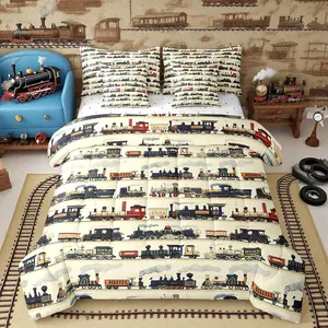 Vintage Train Comforter Set 7 Pcs Retro Steam Engine Retro Steam Locomotive Train Bedding Set Retro Vintage Vehicle Train Bed in a Bag with Comforter,Sheets,Pillowcases & Cushion Cover