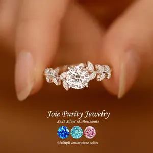 Sparkling Moissanite Laurel Leaf Ring S925 Silver Wedding Ring Holiday & Anniversary Jewelry Gift for Her Multiple Center Stone Colors