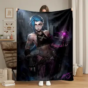1pc League of Legends Jinx Gaming Theme Flannel Throw Blanket, Ultra Soft & Comfortable, All Seasons Use, for Bedroom Study Room Car Camping Picnic, Teens Family Friends Present.