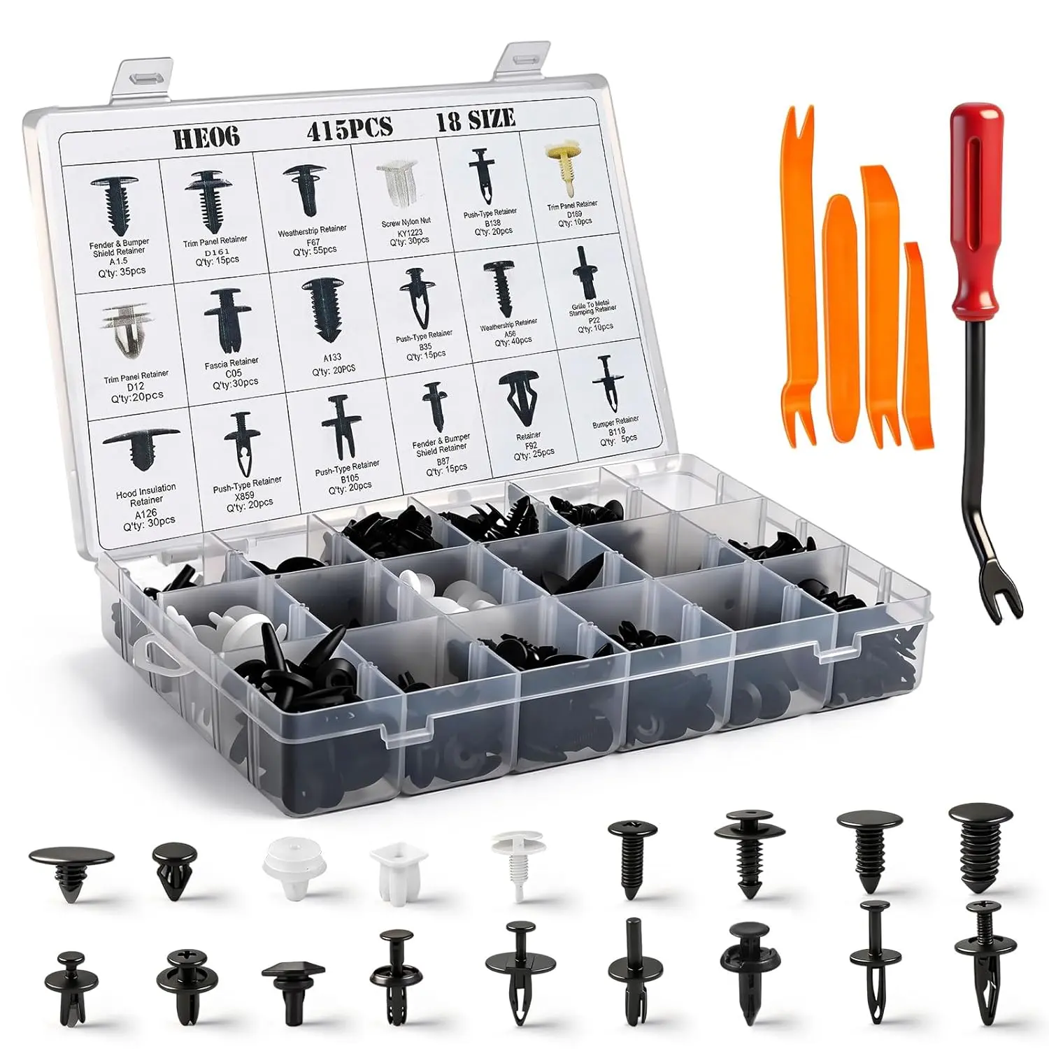 415Pcs Car Retainer Clips & Fasteners Kit – 18 Universal Sizes Nylon Bumper, Fender Rivets, Door Panel Clips, and Plastic Rivets with Removal Tool for Toyota, Ford, Benz
