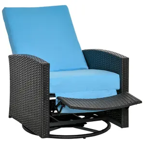 Outsunny Outdoor Wicker Swivel Recliner Chair, Reclining Backrest, Lifting Footrest, 360° Rotating Basic, Water Resistant Cushions for Patio, Light Blue