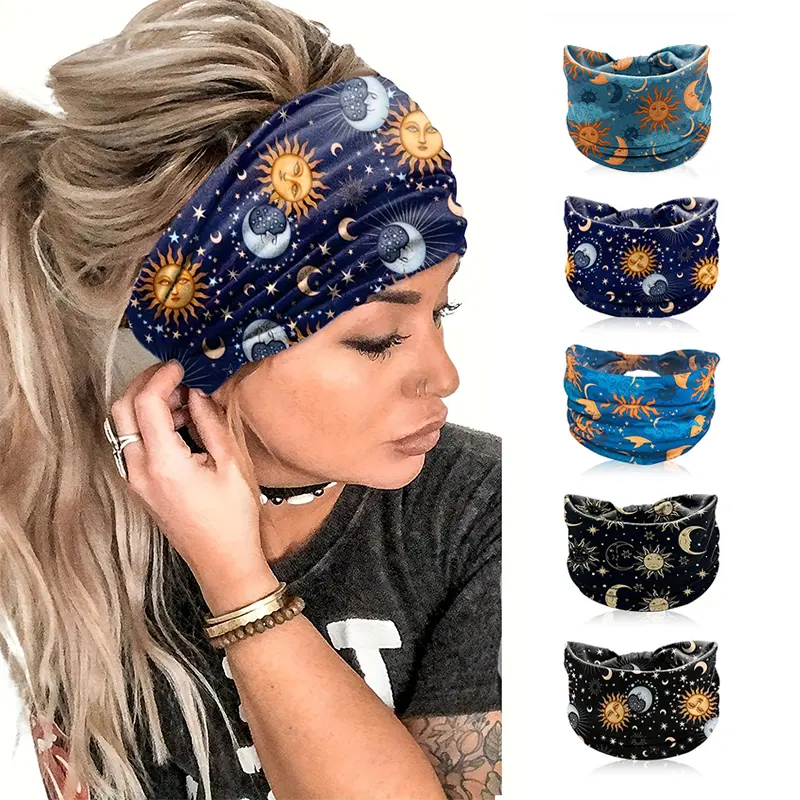 5 Pack Women Sun Moon Stars Boho Wide Headbands | BohoTok HairTok YogaTok That Girl Aesthetic Non Slip Elastic Soft Knotted Turban Hair Wraps | Fashion Hair Accessories for Yoga Daily Wear Women Girls