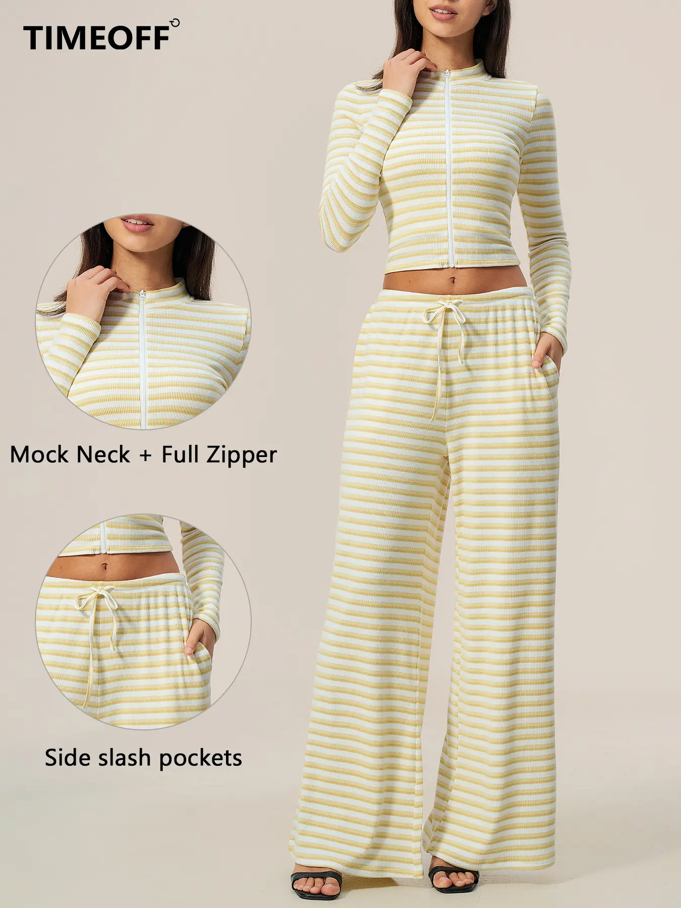 TIMEOFF Women's 2-Piece Striped Long Sleeve Outfit - Mock Neck Full Zip Cropped Top & Drawstring Wide Leg Pants, Ribbed Comfortable Fabric, Side Slash Pockets, Loose Adjustable Fit, Stylish Loungewear/Casual Wear