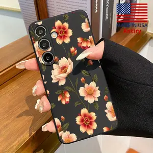 Case for Samsung Galaxy S25 Ultra S24 Plus S23 S22 + Crimson Orange Flower Pattern Camera Protection Slim Liquid Silicone Case with Anti-Scratch Soft Microfiber Lining