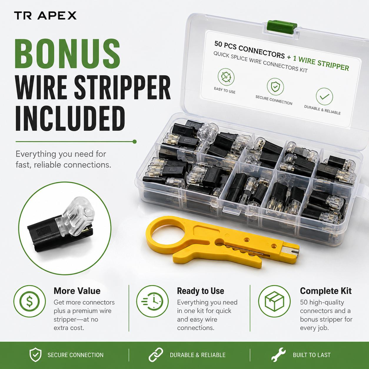 TR APEX 50PCS Quick Splice Wire Connectors with Bonus Wire Stripper, 2 Pin Low Voltage Fast Connect Plugs for LED Strip Lights, Car Wiring, Power Distribution & DIY Repairs TR APEX 50PCS Quick Splice Wire Connectors with Bonus Wire Stripper, 2 Pin Low Voltage Fast Connect Plugs for LED Strip Lights, Car Wiring, Power Distribution & DIY Repairs