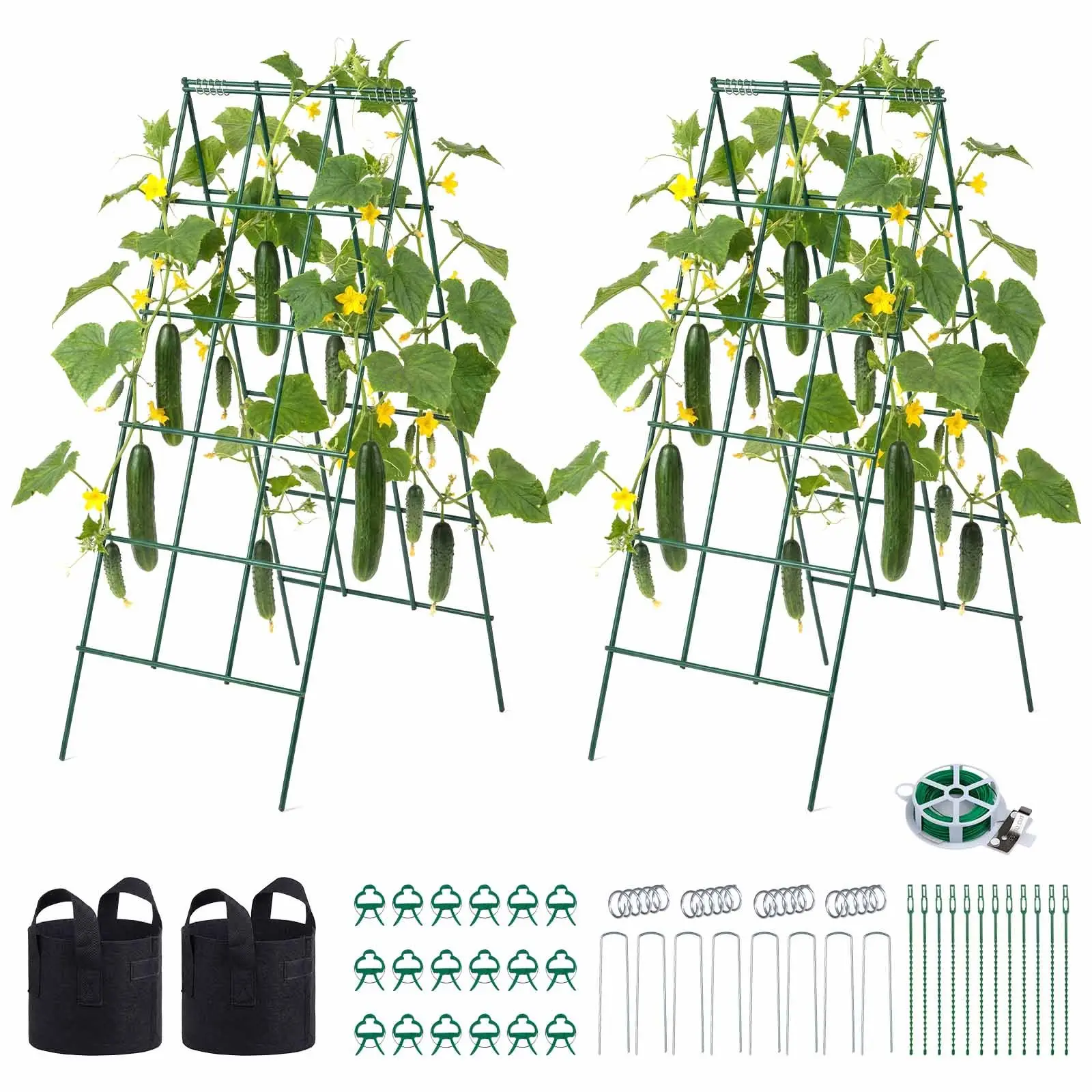 VEVOR 4-Pack Steel-Coated Outdoor A-Frame Garden Trellises (46.06 x 18.11 in) - Rust-Proof Metal Support with 18 Plant Support Clips, 2 Grow Bags, 20 m Twist Ties, 4 Connecting Springs, Adjustable Base for Raised Beds