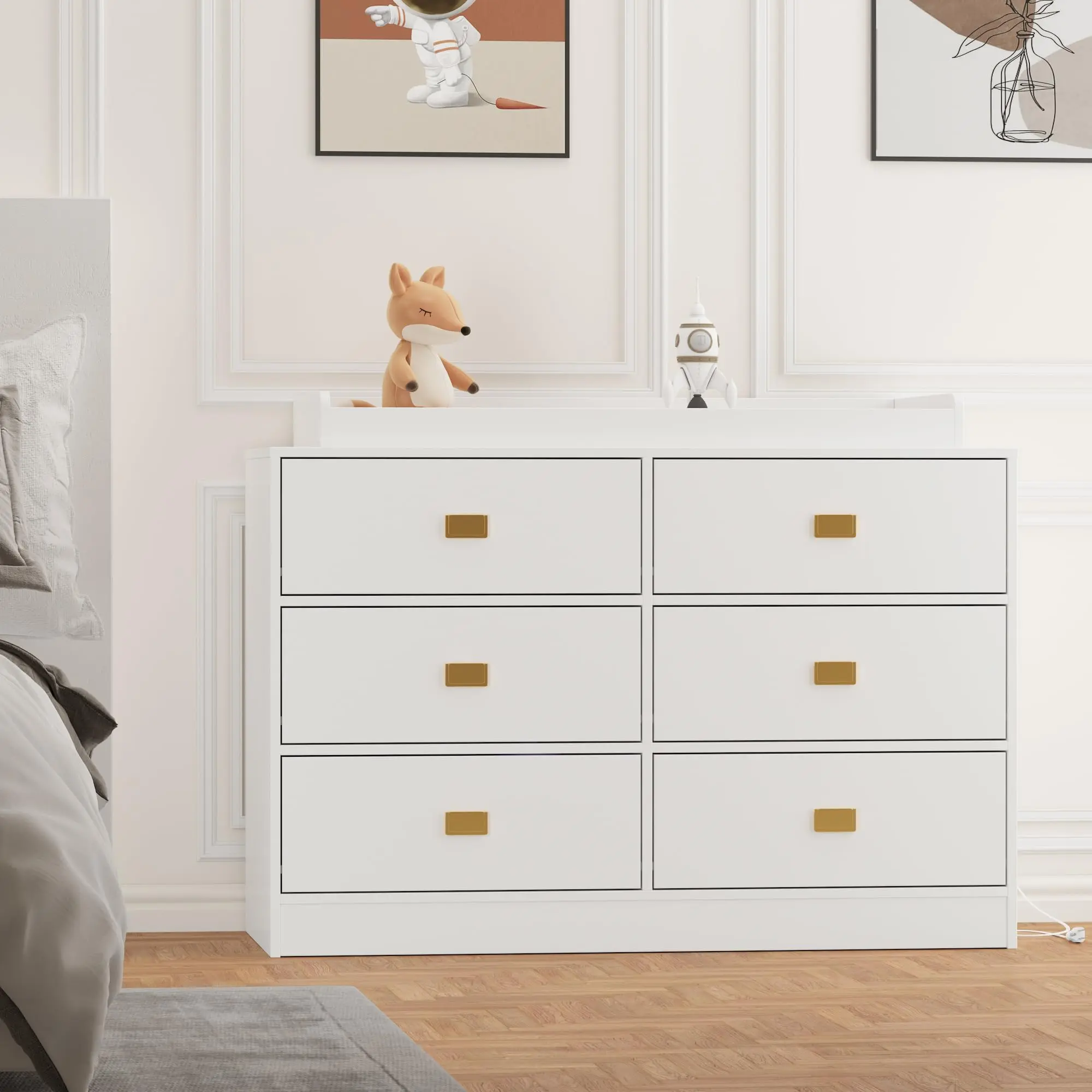 GARVEE Dresser for Bedroom with 6 Drawers, Wide Chest of Drawers with Changing Table Top, Nursery Storage Organizer for Infant with Power Outlets, Changing Pad & Removable Top (White)