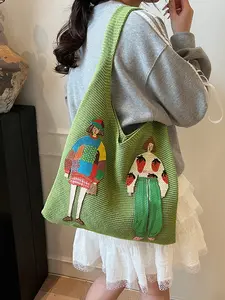 Small niche design fashionable and exquisite style knitted tote bag, decorated with cartoon character patterns, retro personality large capacity shoulder bag, can accommodate mobile phones, lipstick, personal belongings