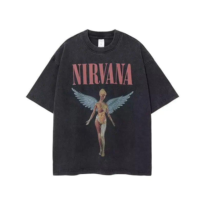Nirvana In Utero Washed T-Shirt, Blue Wing Angel Graphic Tee, Vintage Style Grunge Band Shirt, Black Crewneck Short Sleeve Unisex Top