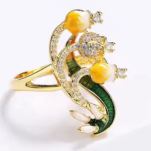 Yellow Rose Gold Filled Ring with Green Leaves and Yellow Accents Sparkling Design