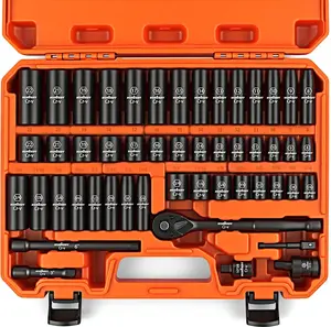 50pcs Multifunctional Ratchet Socket Wrench Set, 3/8" Drive 6 Point Impact Socket, Metric 8-22mm + SAE 5/16-3/4in, Chromium Vanadium Steel, Ratchet Handle & Storage Case fathersdaygift
