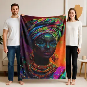 1 piece Traditional African attire and colorful beaded portraits themed flannel blanket - Modern-style flannel blanket, suitable for sofas and beds, all-season use, super soft and comfortable, digital printing, 100% polyester material, machine
