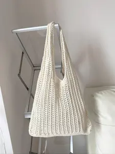 Minimalist Crochet Handbag, Lightweight Retro Woven Large Capacity Mesh Design, Perfect for Casual Use, Fashionable Beach and School Bag, Handbags Simply Tote