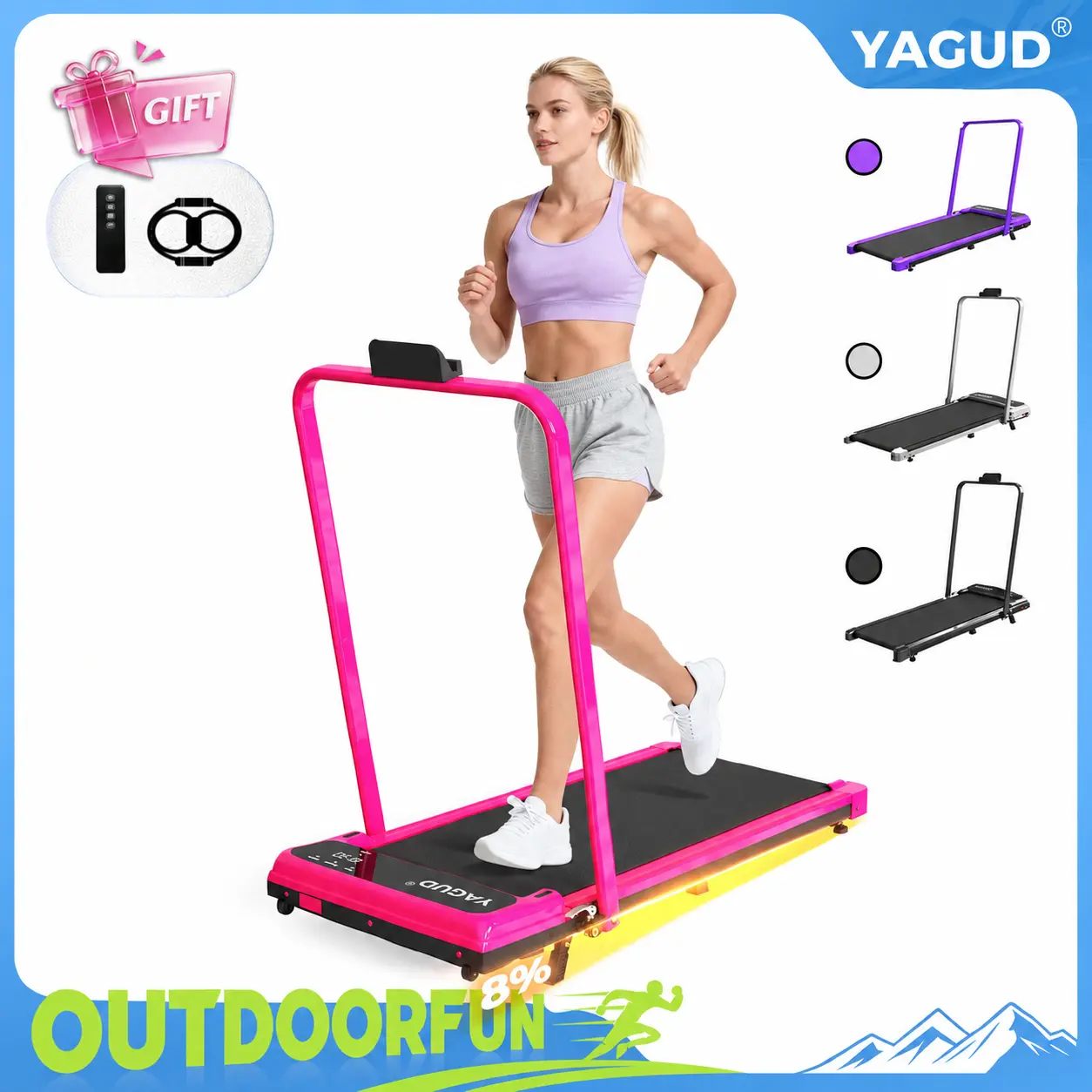 【OUTDOORFUN】YAGUD Walking Pad w/ Adjustable Incline - Low-Noise Walking Pad w/ 330lbs Weight Capacity, Remote Control w/ Free Resistance Bands, Easy mobility, Home Gym Equipment
