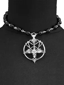 Hip Hop Pentagram Skull Round Goat Head Choker, Vintage Choker with Pendant, Skull Round Goat Head Necklace for Women, Punk Streetwear Goth for Party, Gothic Cross, Chain, Cross Charm Necklace