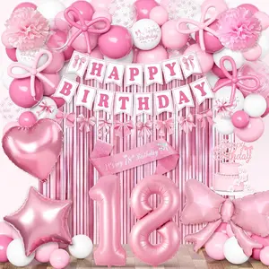 18th Birthday Decorations for Girls, Pink Bow Happy Birthday Banner, Balloons, Cake Topper, Sash, Number 18 Balloon Fringe Curtain Paper Pom Poms Happy 18t