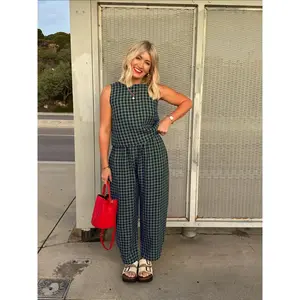 Plus Size Women's Plaid Print Sleeveless Tank Top & Wide-Leg Pants, Casual Two-Piece Set Suits for Summer, Women's Clothes for Daily Wear, Checkered Lounge Set