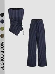 Women's Striped Tie-Back Vest Top and Straight Leg Pants Set, Elegant Slim-Fitting Outer Vest Suit for All Seasons