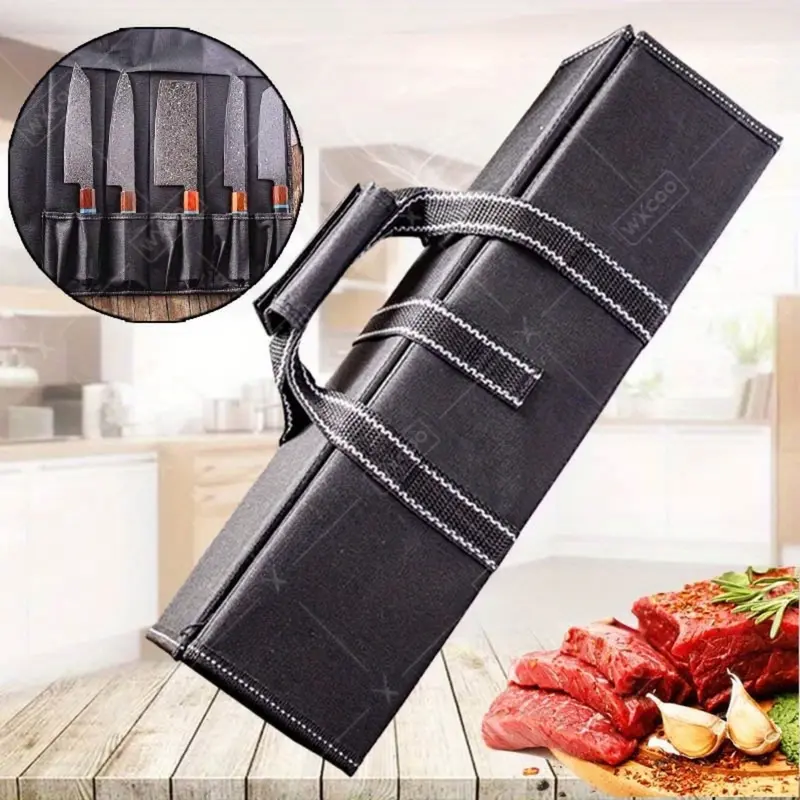 1PC Classic Compact Roll-Up Folding Oxford Cloth Kitchen Knife Storage Case - Waterproof, Oil-Proof, Durable Fabric Container for Cooking Knives Set, Portable Handle-Equipped Bag to Conveniently Carry & Protect Blade from Scratch