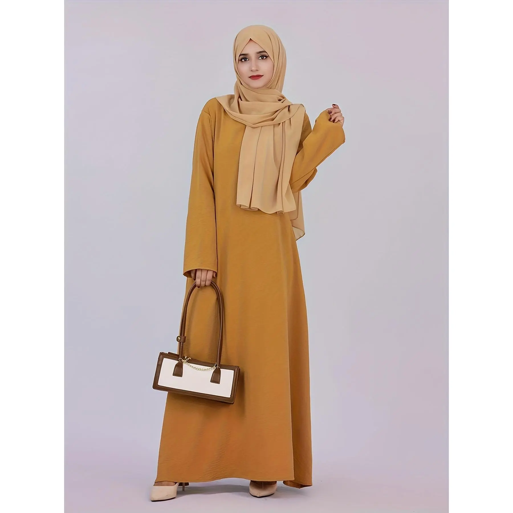 Women's Modest Full-Length Plain Abaya Dress - 100% Polyester, Long Sleeve, Solid Color, Functional Pockets, All-Season Casual 1pc Middle Eastern Fashion Womenswear