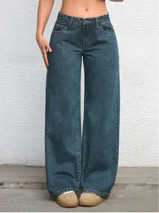 Women's Solid Color Basic Denim Jeans Trouser Deep Blue Washed Dark Wash Mid-Waist Straight Leg Pocket Pants, Womenswear Casual Fashion Daily Wear & Gift Idea