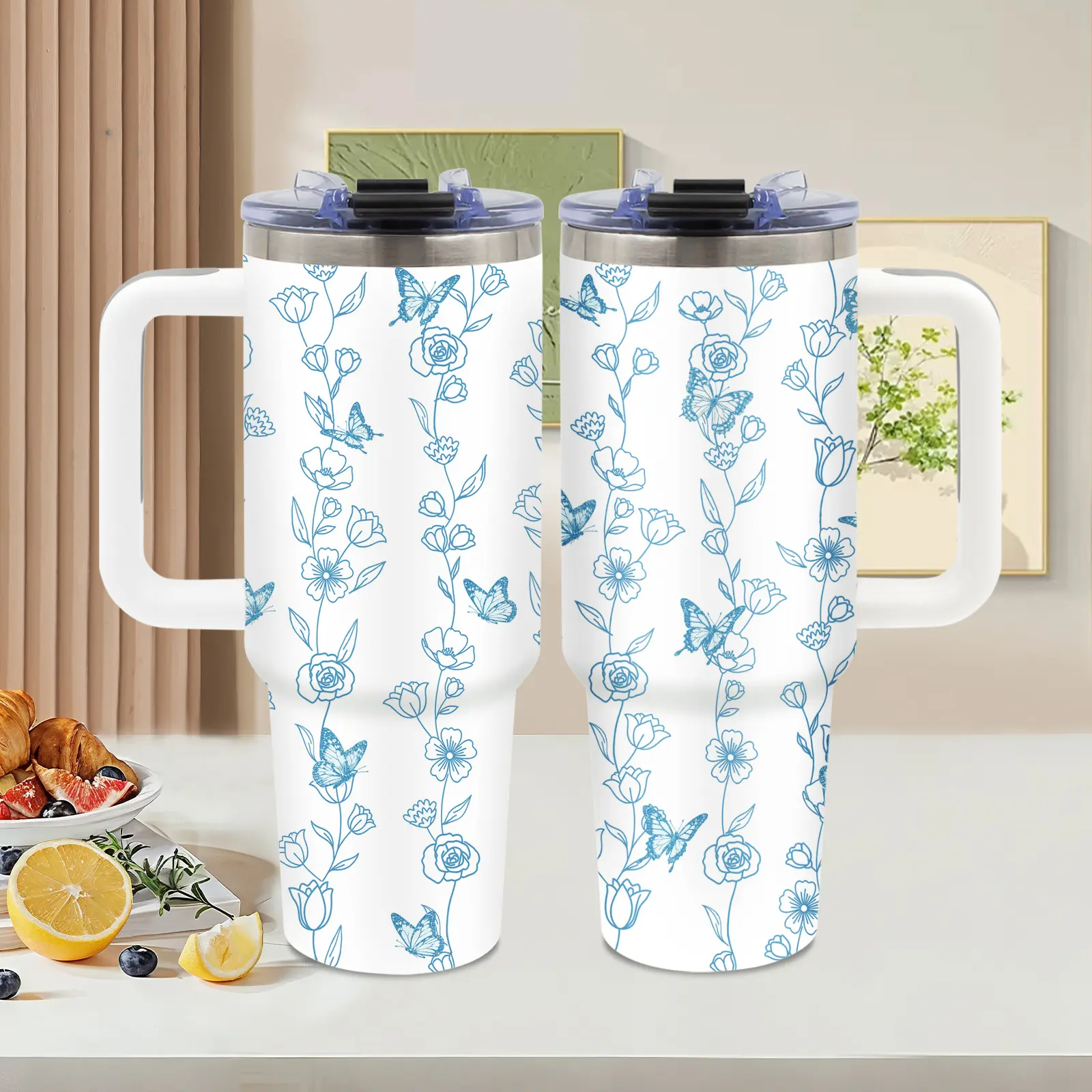 40oz Stainless Steel Vacuum Insulated Tumbler Flask with Handle, Lid & Reusable Blue Butterfly-Floral Vintage Botanical Design, Beach-Office Travel Water Bottle, Butterfly Lover Gift for Women